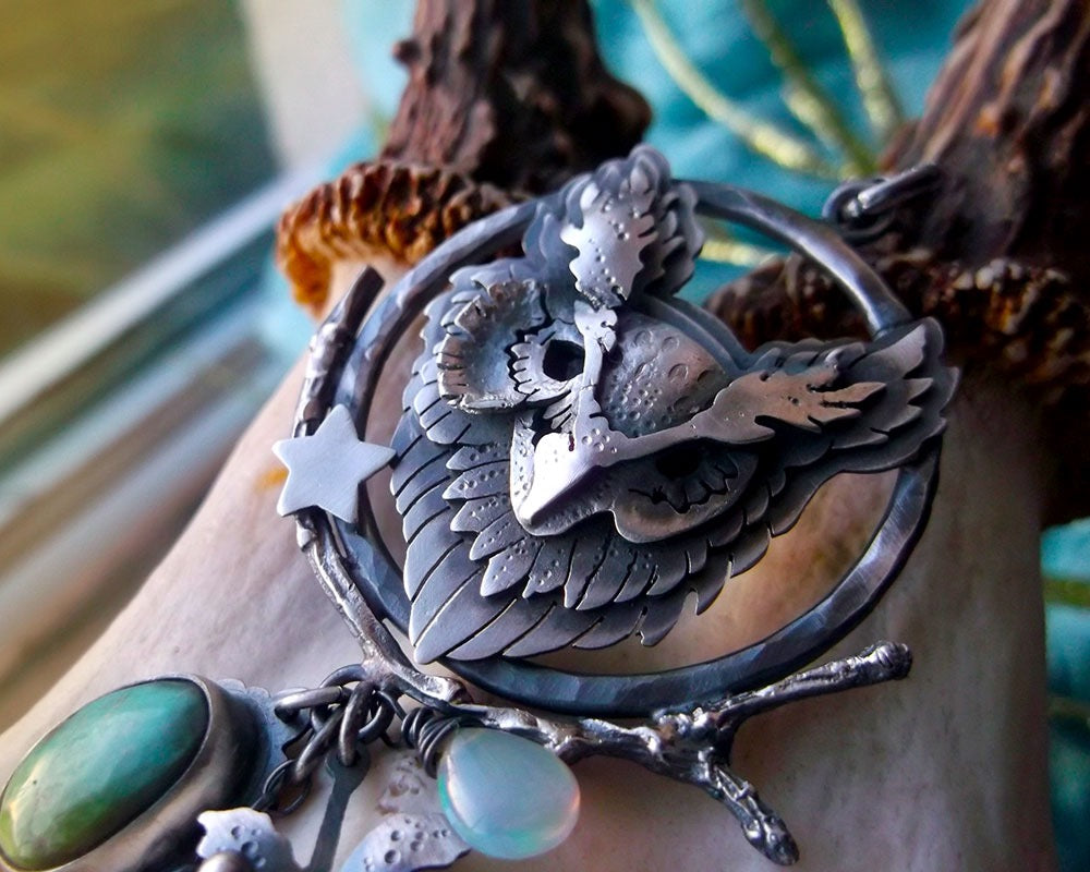 The Owl Necklace - Silver Opal & Turquoise Necklace