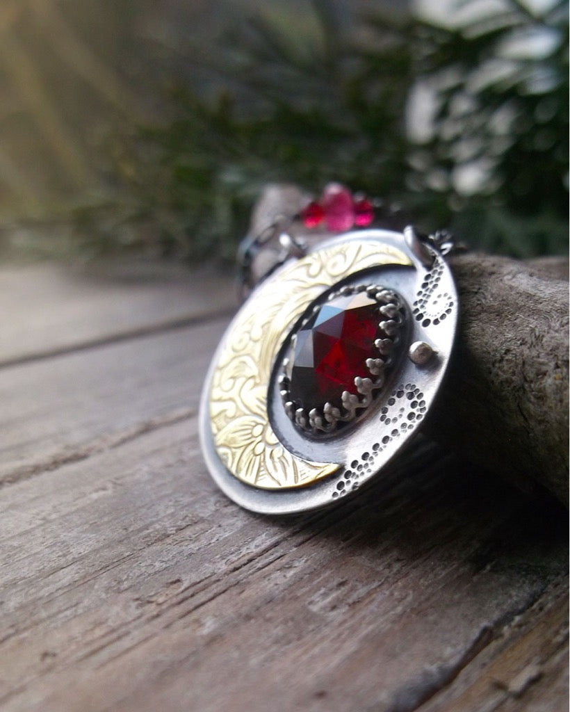 Winter Moon Necklace - Mixed Metal Necklace with Rhodolite