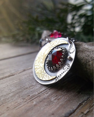 Winter Moon Necklace - Mixed Metal Necklace with Rhodolite