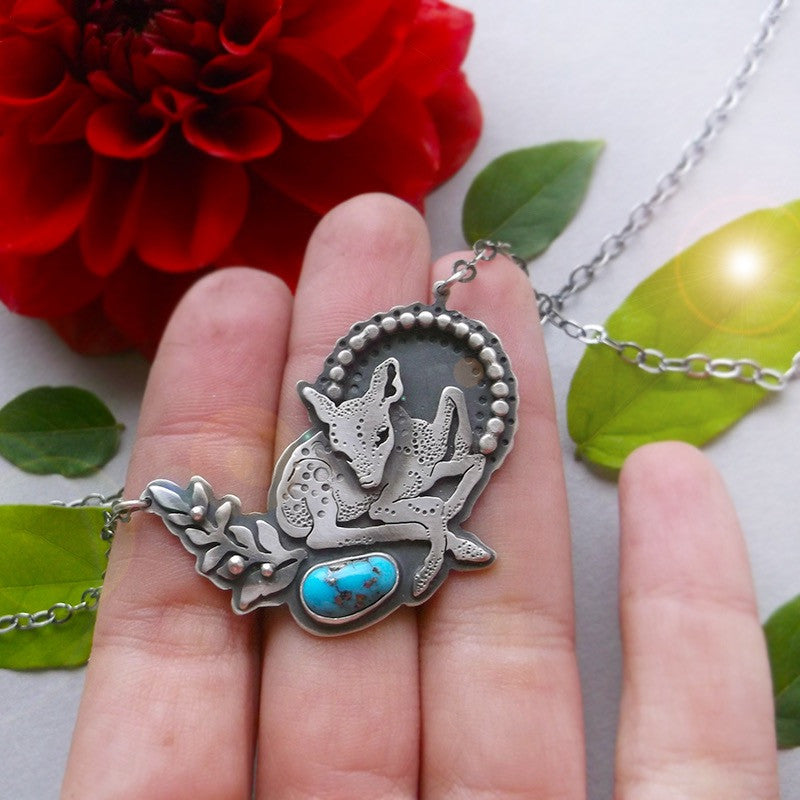 Baby Deer Necklace - Bambi Sleeping Beauty Turquoise Necklace