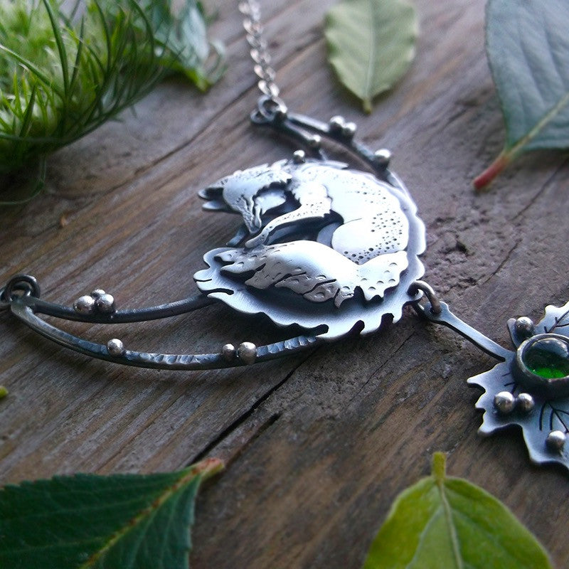 The Sleepig Fox Necklace - Leaf, Green Tourmaline Arc Necklace