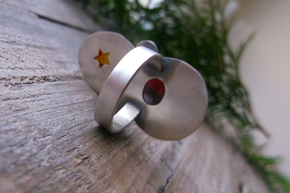 Winter Moon Ring - Mixed Metal Ring with Amber & Rhodolite