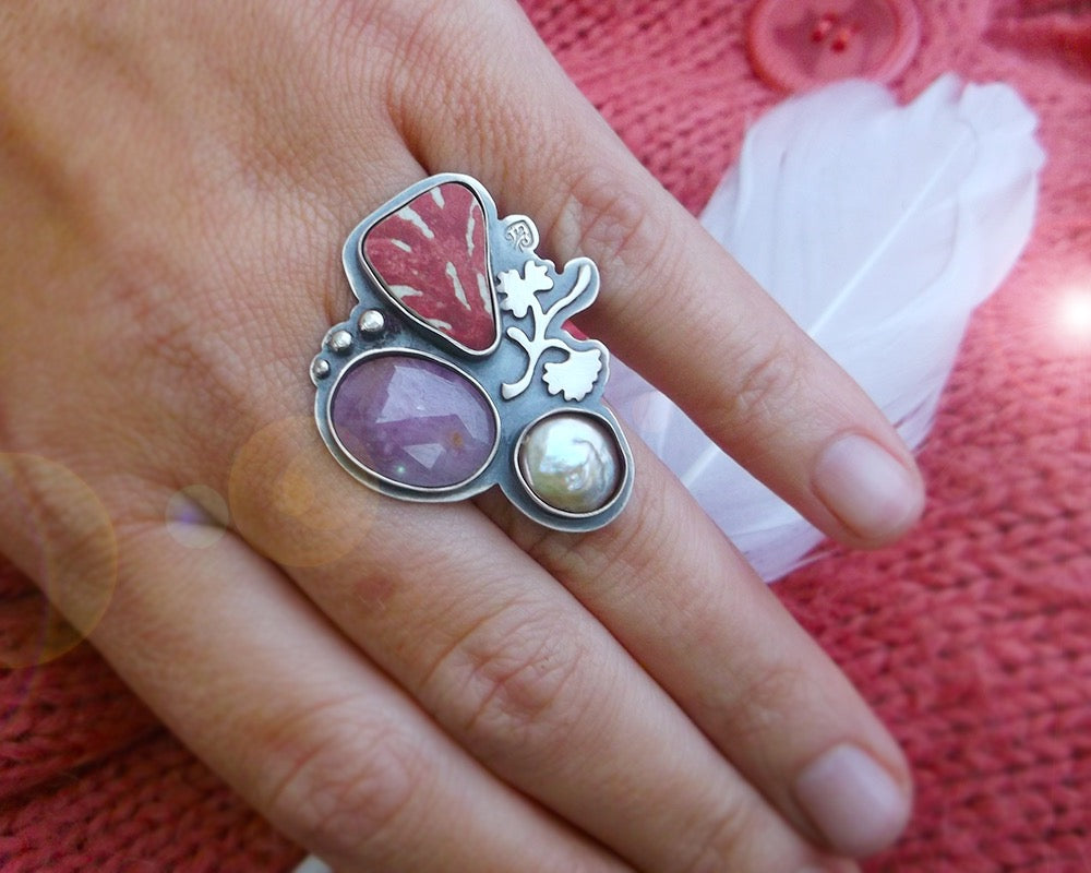 Summer Memories Ring No.2 - Sapphire, Scottish Pottery and Opalescent Pearl