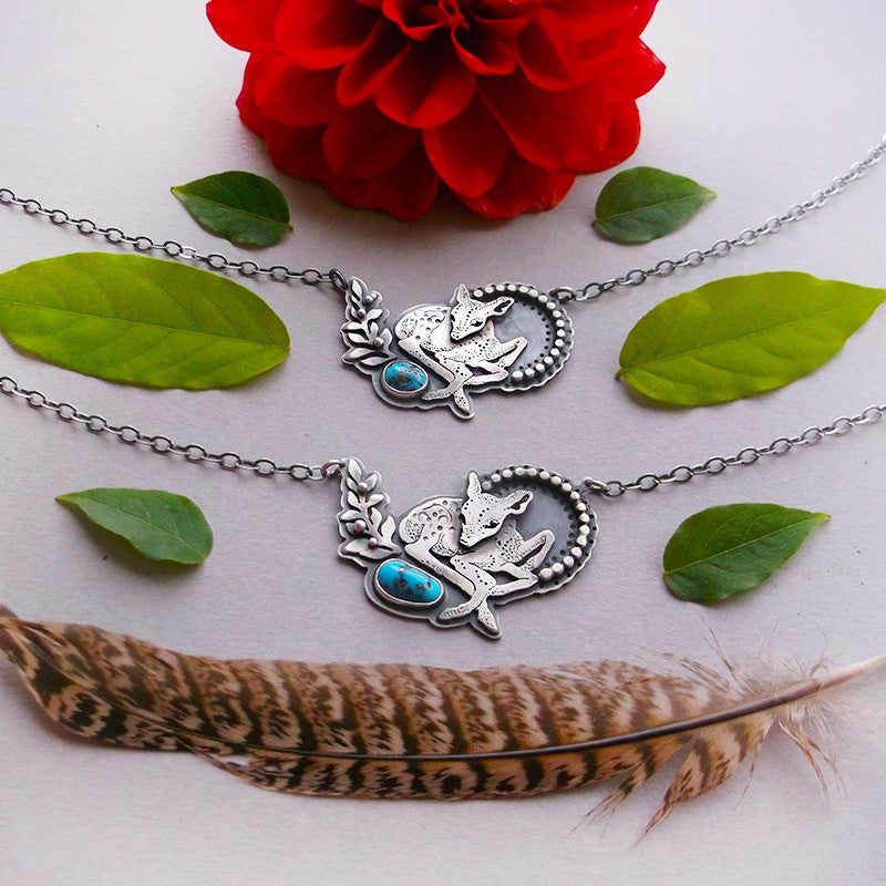 Baby Deer Necklace - Bambi Sleeping Beauty Turquoise Necklace