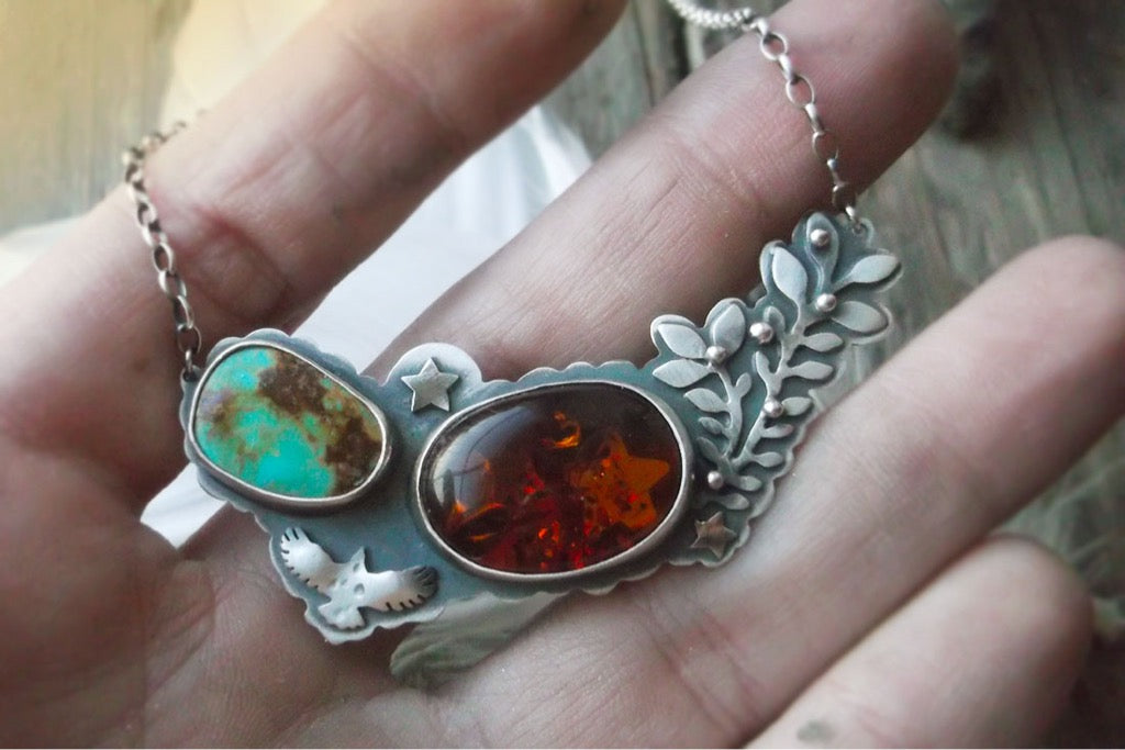 Sacred Wings Necklace - Amber & Turquoise Necklace
