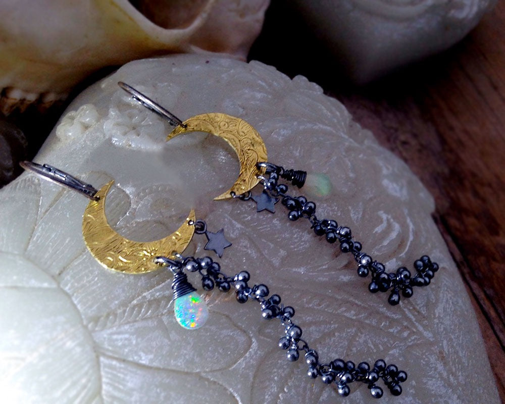 Winter Moon Earrings- Mixed Metal with Opal