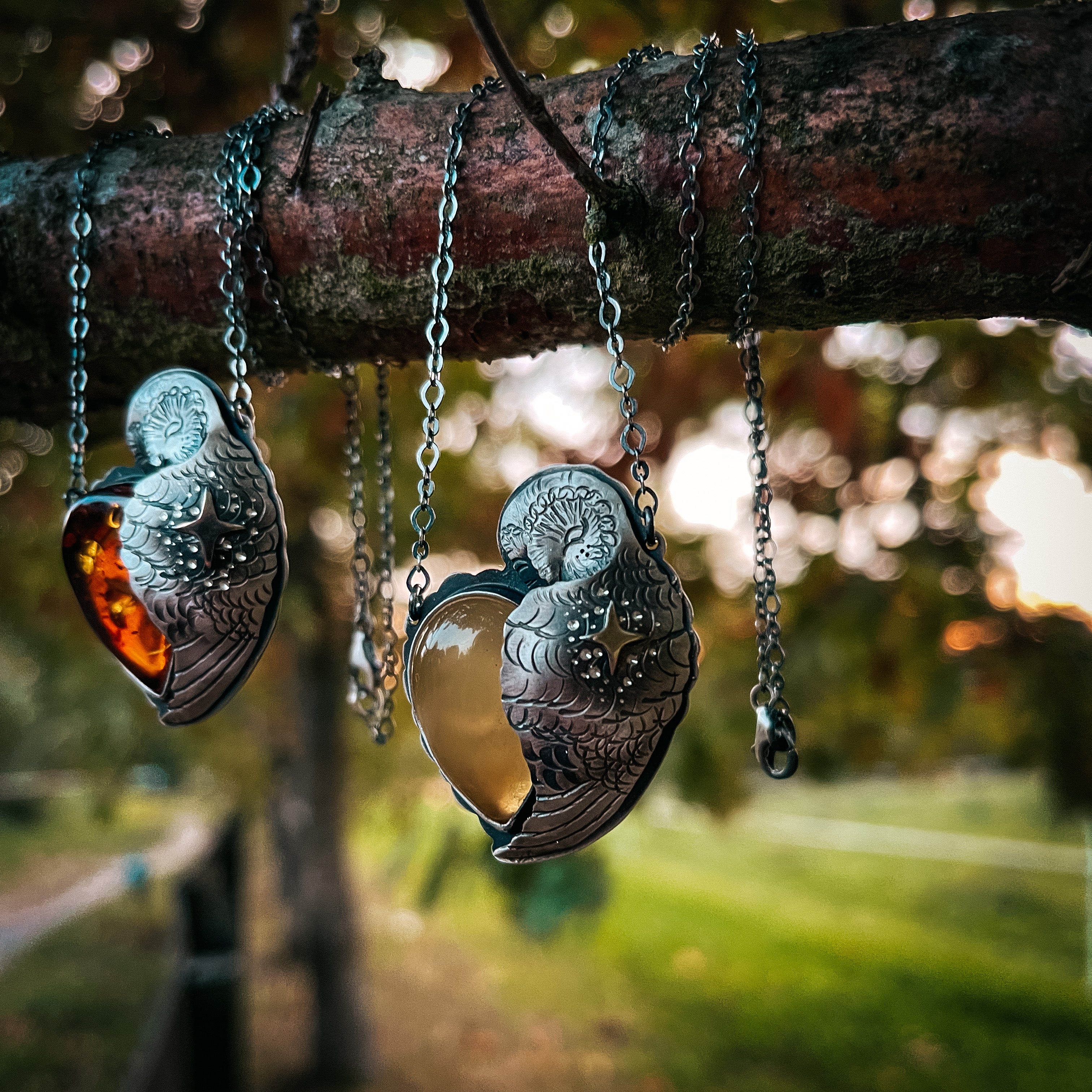 The Sleeping Barn Owl Necklace - Lemon Amber