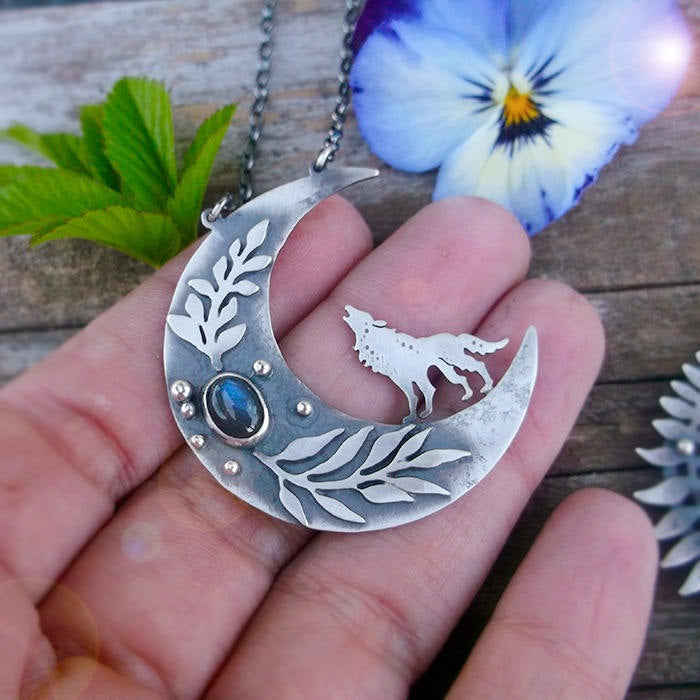Moonchild Wolf Necklace-Totem Moon and Labradorite Necklace