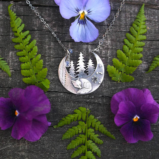 The Sleepig Fox Necklace - Silversmithed Bib Necklace with Moonstone and Tanzanite