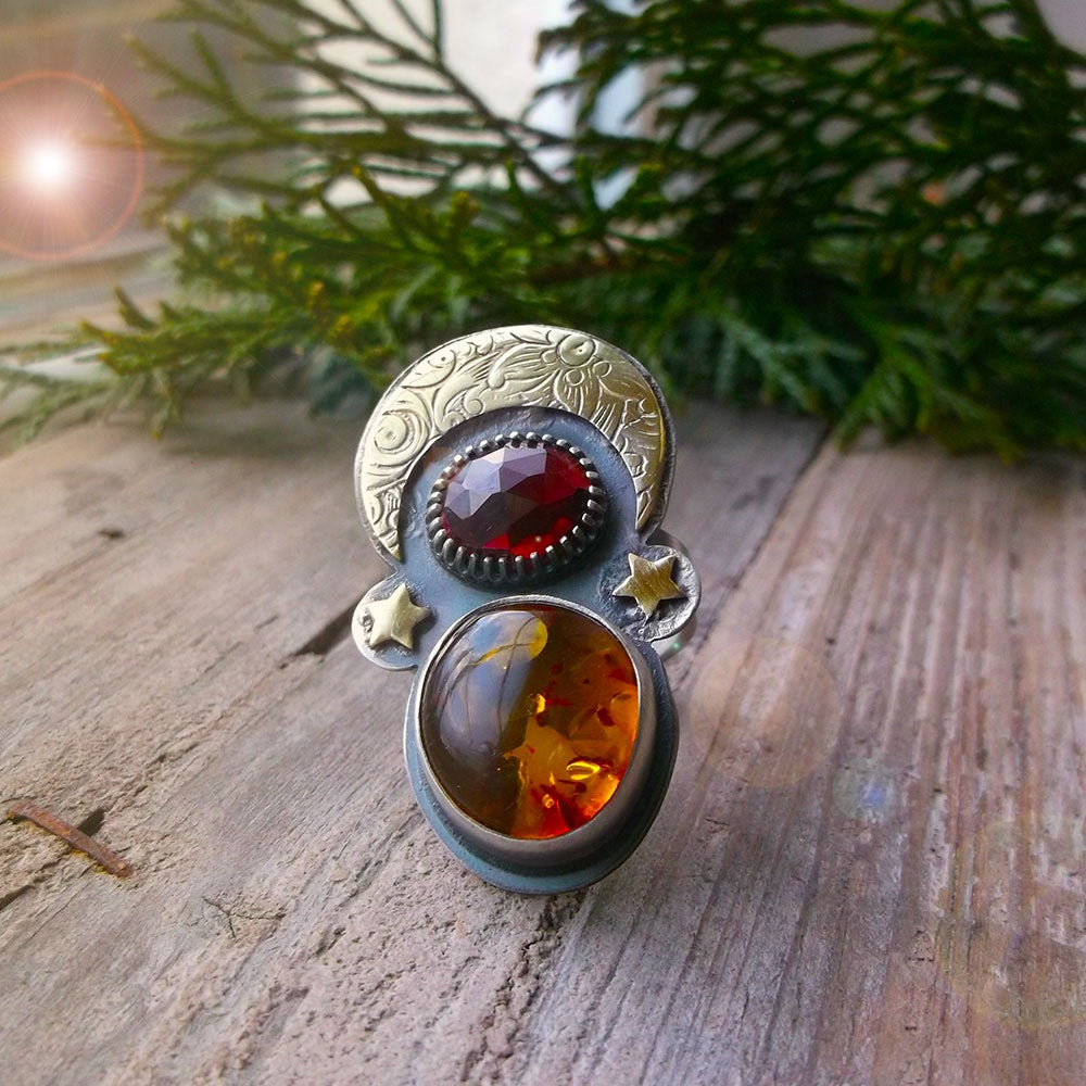 Winter Moon Ring - Mixed Metal Ring with Amber & Rhodolite