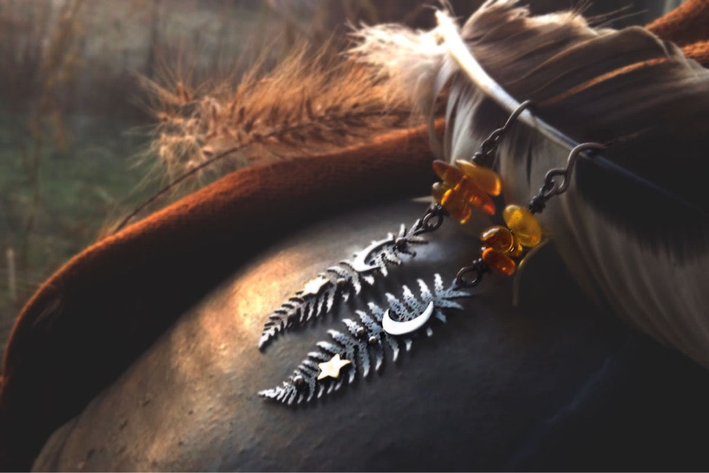 Winter Moon & Fern Earrings-Mixed Metal Amber Earrings