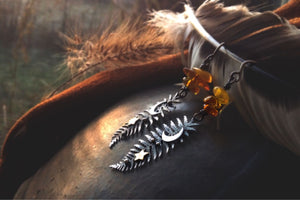 Winter Moon & Fern Earrings-Mixed Metal Amber Earrings