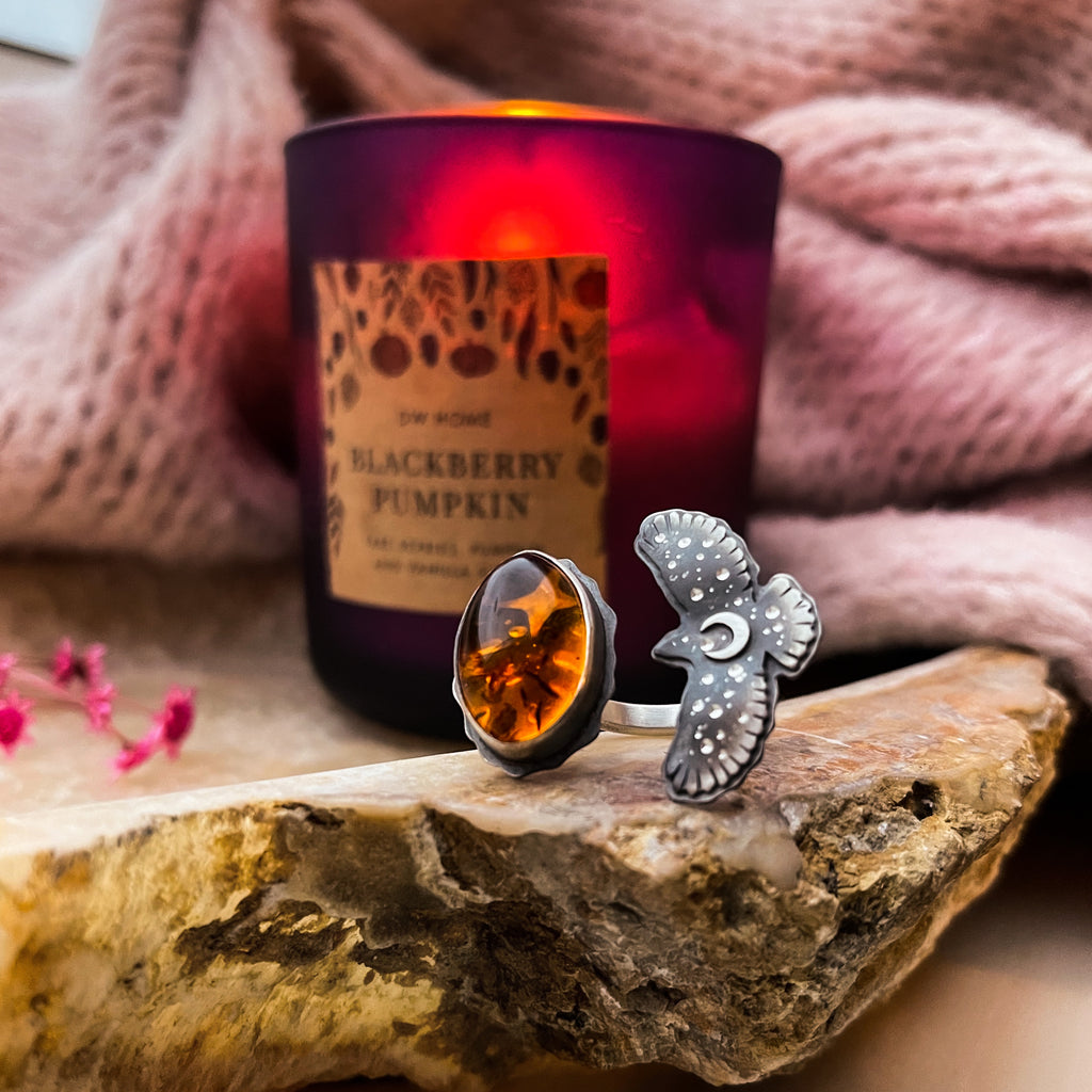 Amber Hawk Medicine Ring 7.5 US