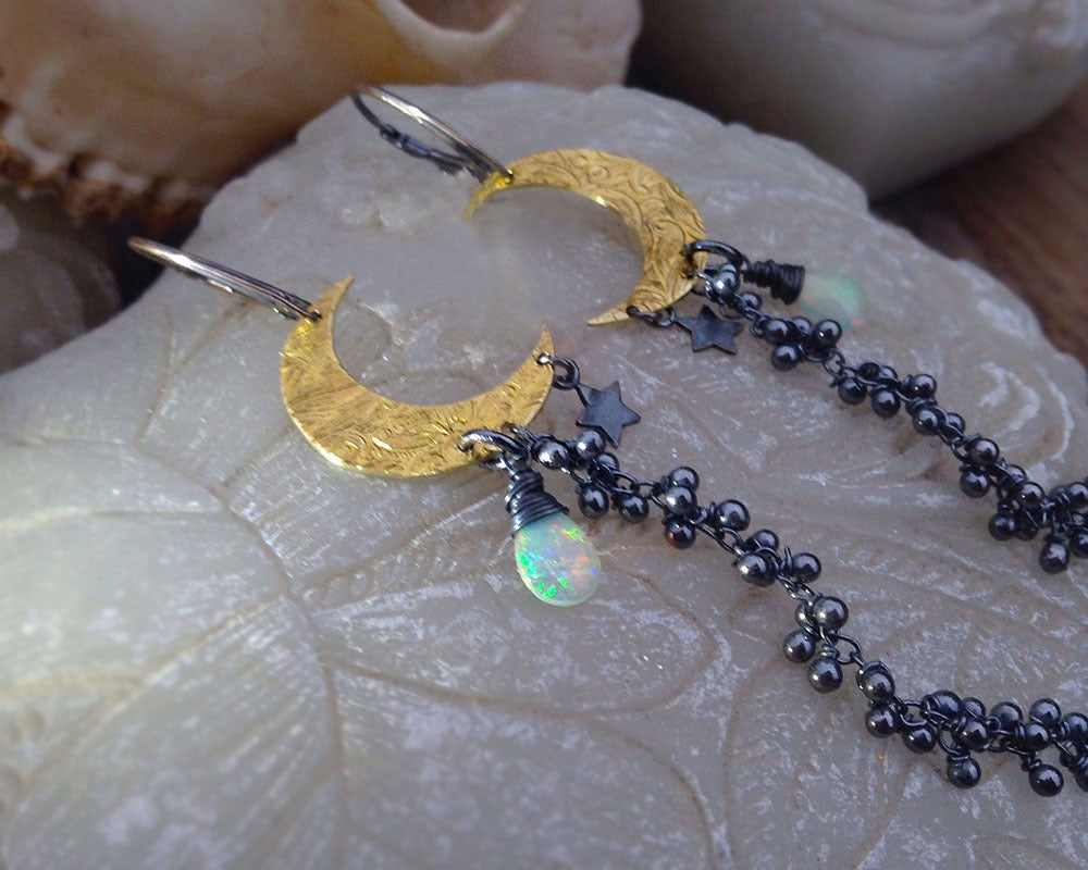 Winter Moon Earrings- Mixed Metal with Opal