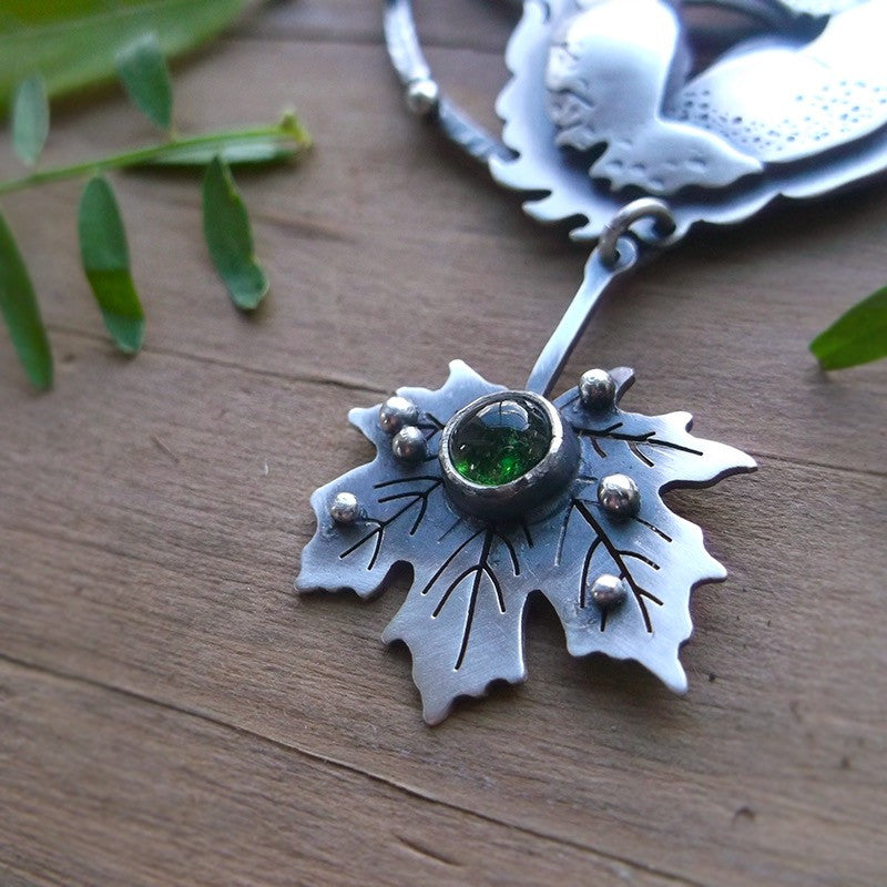 The Sleepig Fox Necklace - Leaf, Green Tourmaline Arc Necklace