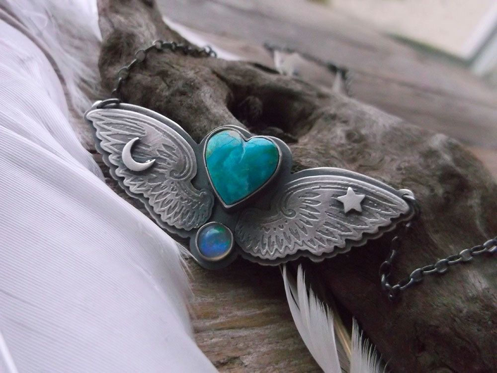 The Wings Necklace - Sterling Silver Turquoise & Opal Necklace