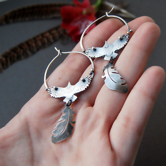 Sacred Wings Earrings- Feather and Ealgle Hoop Earrings