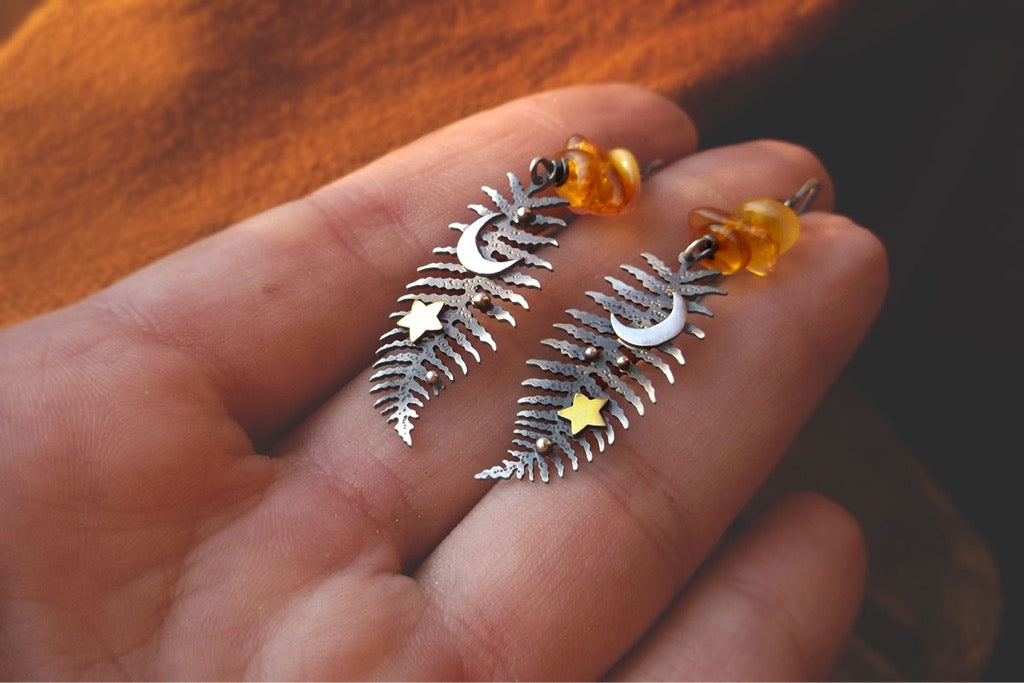 Winter Moon & Fern Earrings-Mixed Metal Amber Earrings
