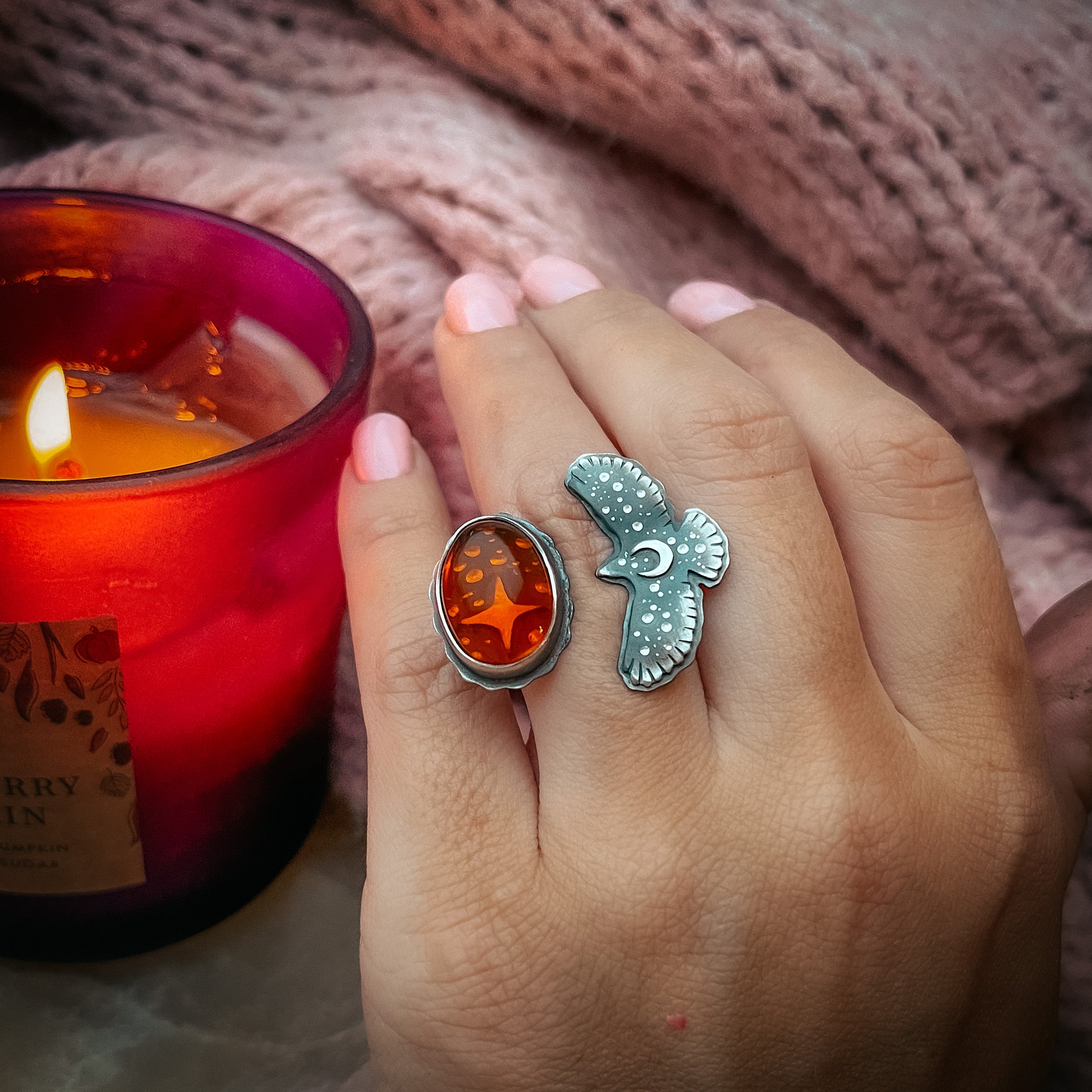 Amber Hawk Medicine Ring 7US