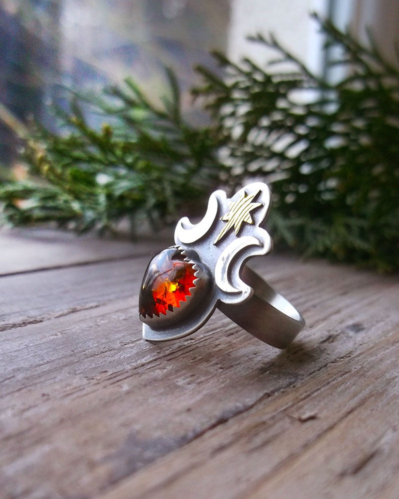 Winter Moon Ring - Mixed Metal Ring with Amber Heart