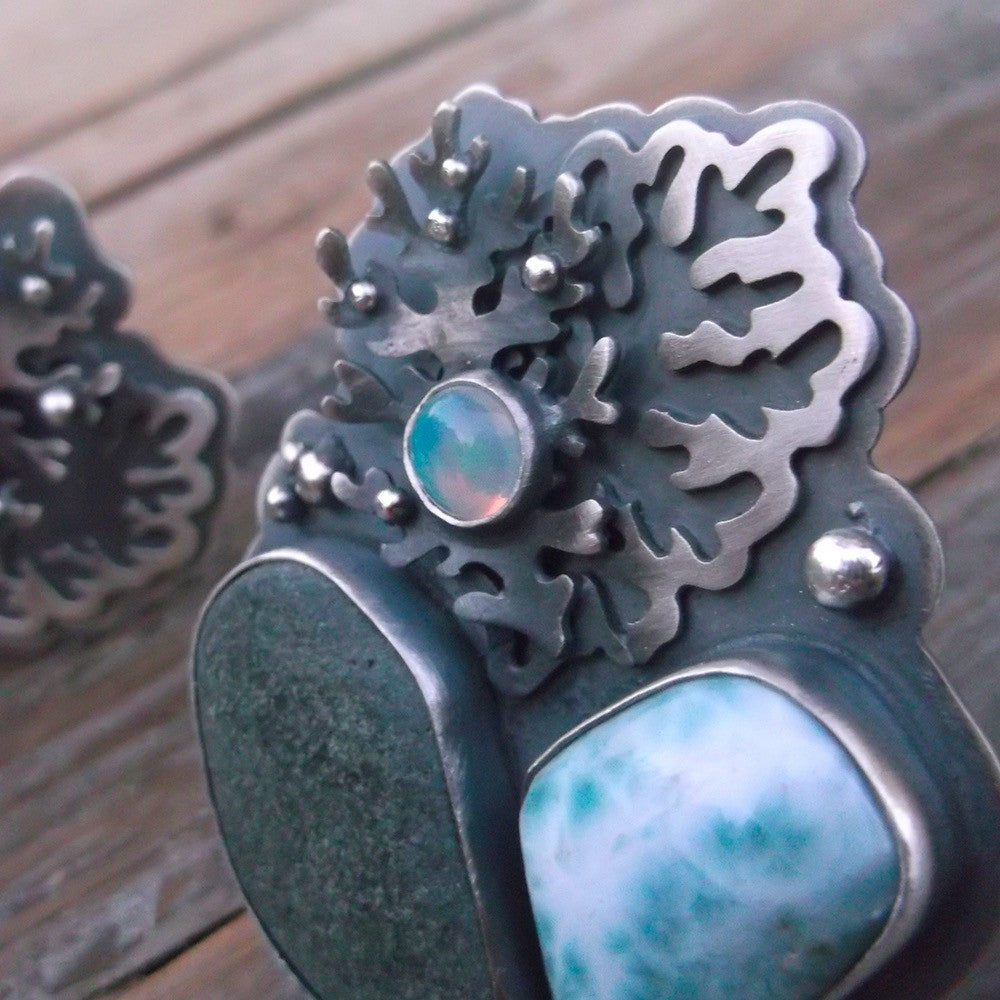 Morning Sea Ring - Larimar, Scottisch River Rock and Ethiopian Opal
