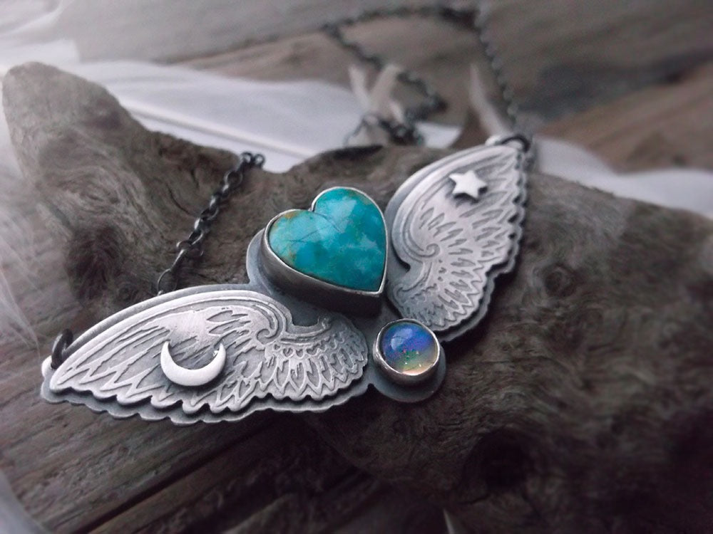 The Wings Necklace - Sterling Silver Turquoise & Opal Necklace