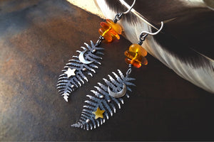 Winter Moon & Fern Earrings-Mixed Metal Amber Earrings