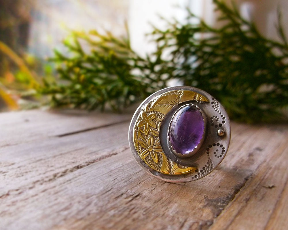 Winter Moon Ring - Mixed Metal Ring with Amethyst