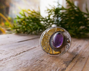 Winter Moon Ring - Mixed Metal Ring with Amethyst